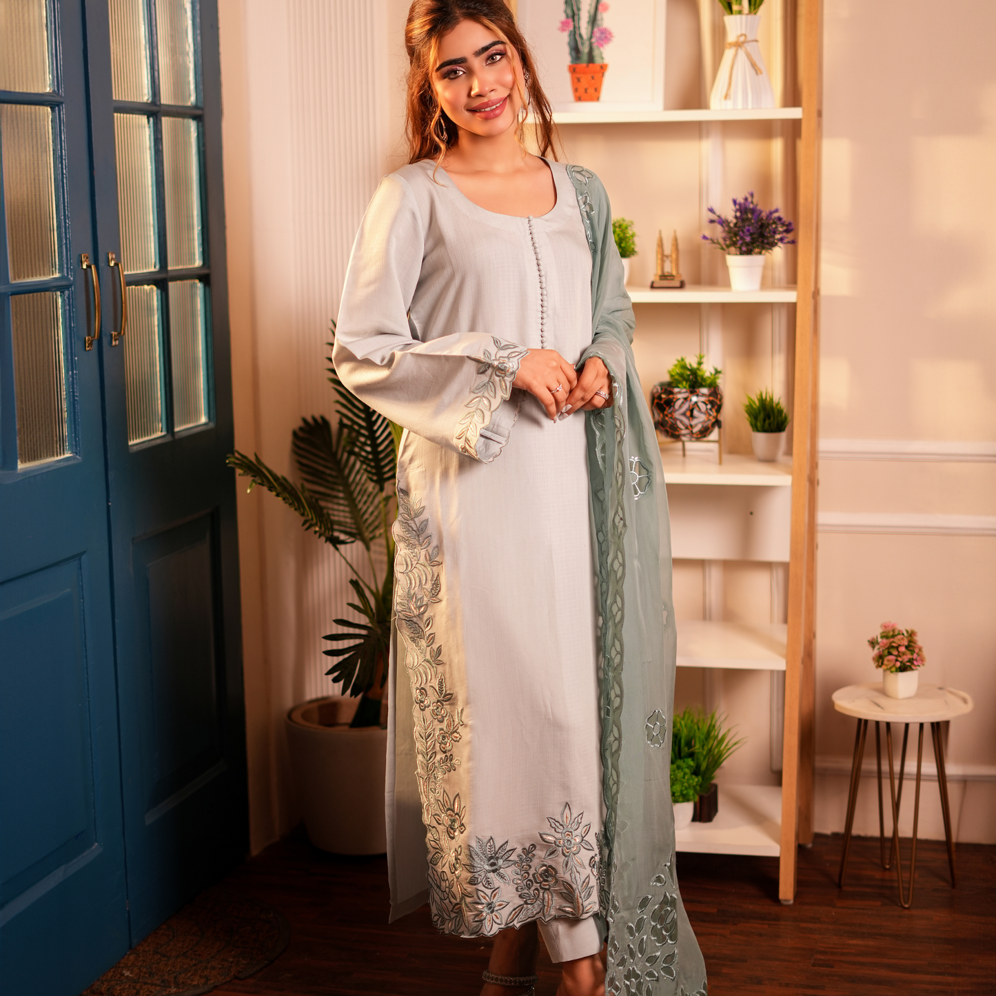 Sea green color Cut work Embroidery Heavy cut work duptta suit