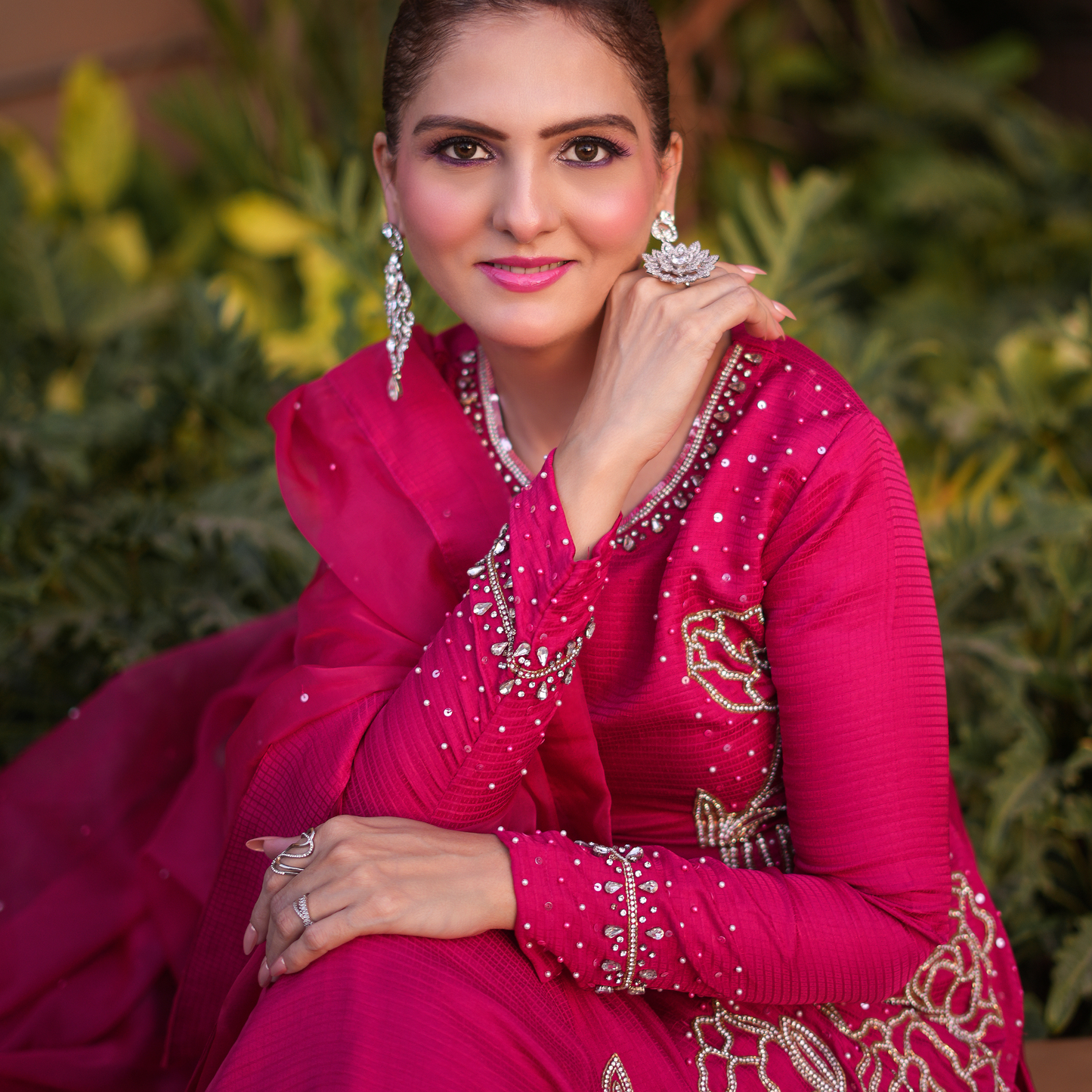 Hot pink colour Full stone work Pakistani suit