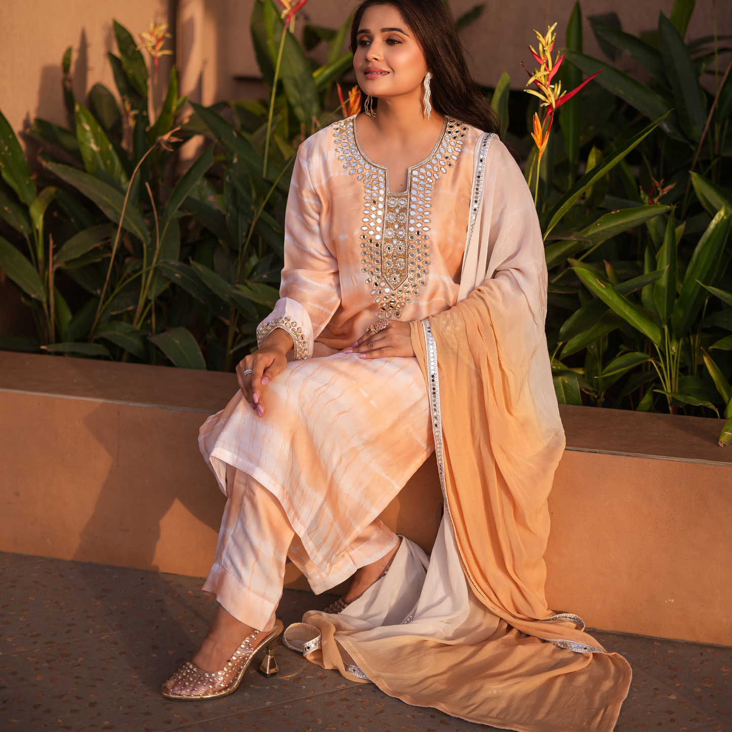 Mustard white Mirror work Pakistani suit