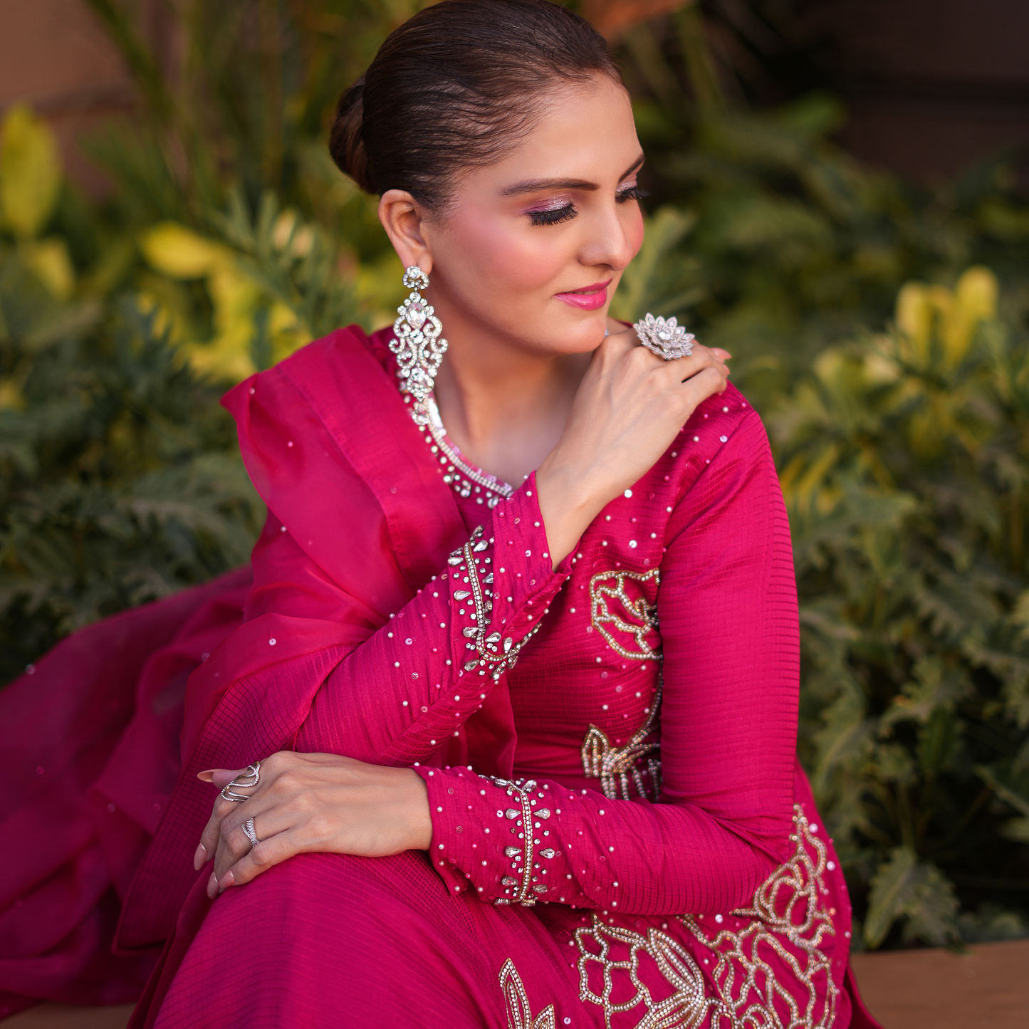 Hot pink colour Full stone work Pakistani suit
