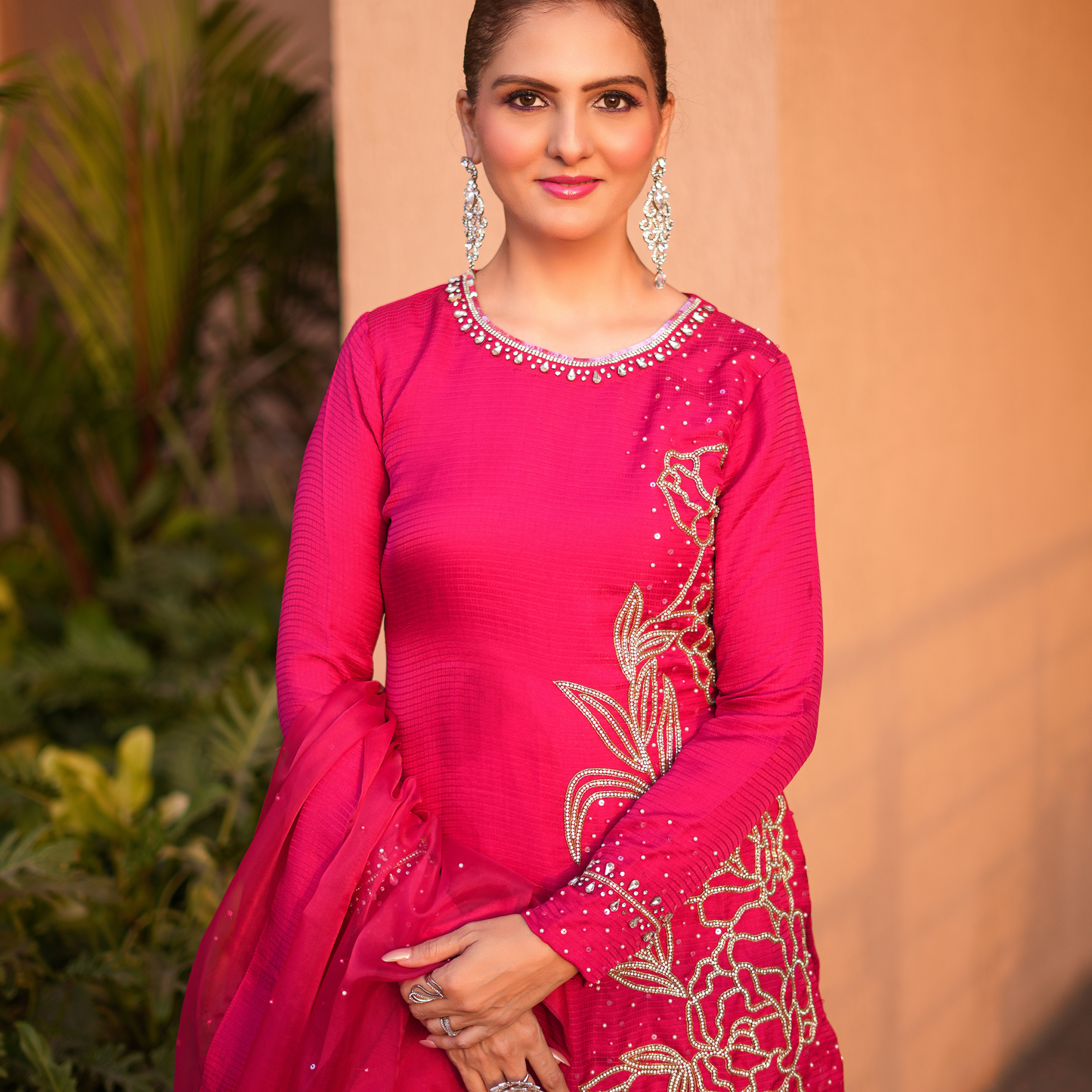 Hot pink colour Full stone work Pakistani suit