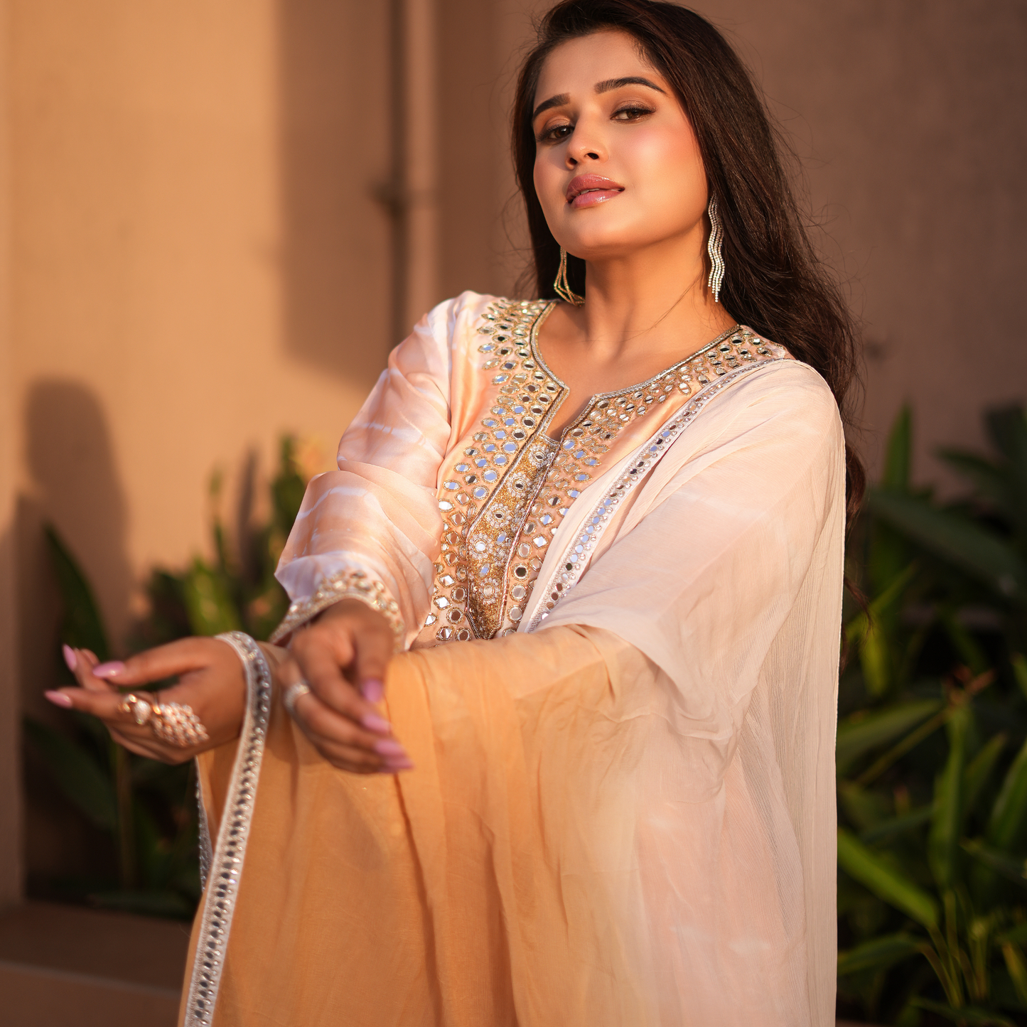 Mustard white Mirror work Pakistani suit