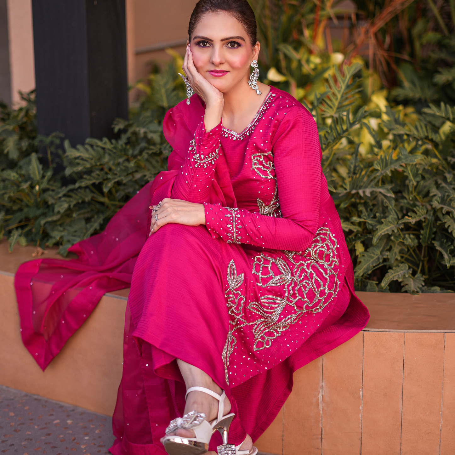 Hot pink colour Full stone work Pakistani suit