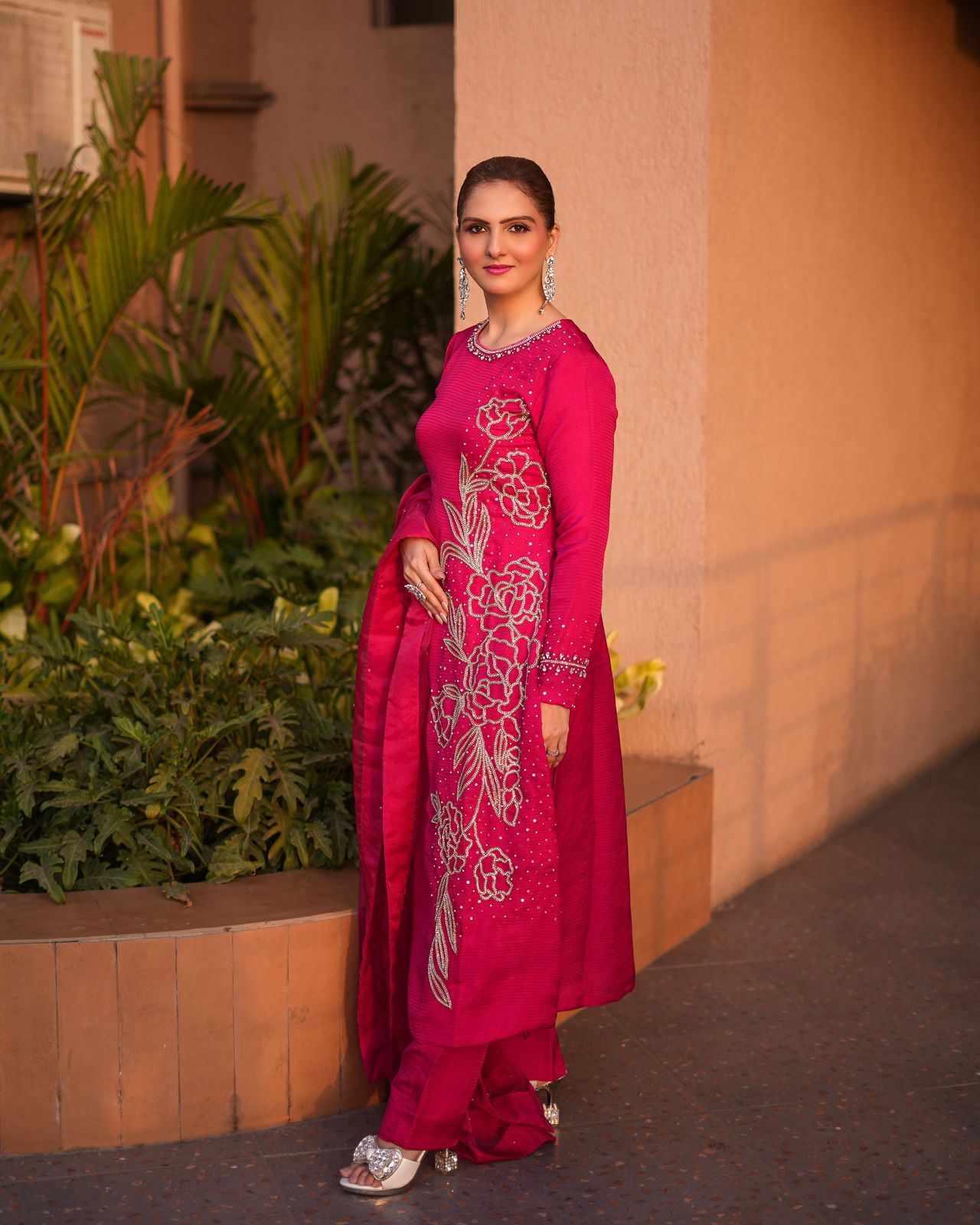 Hot pink colour Full stone work Pakistani suit