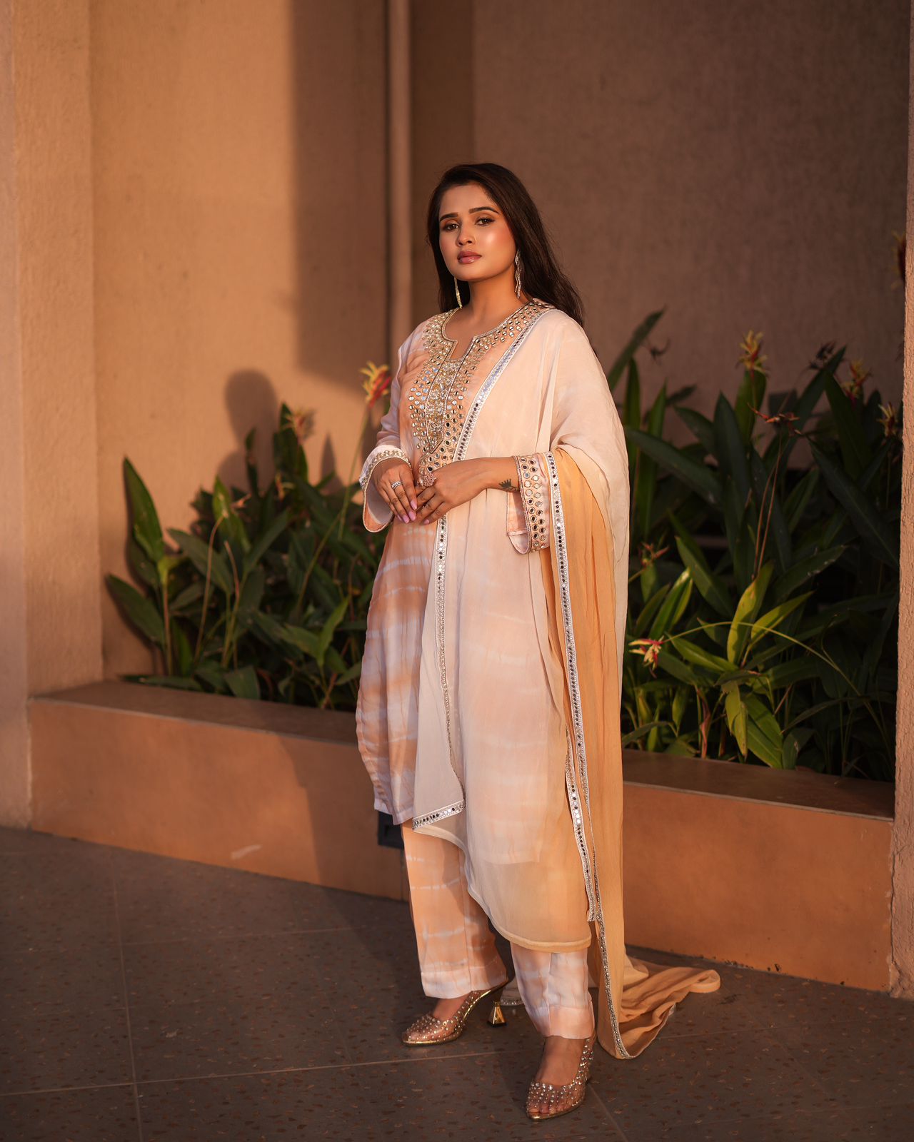 Mustard white Mirror work Pakistani suit