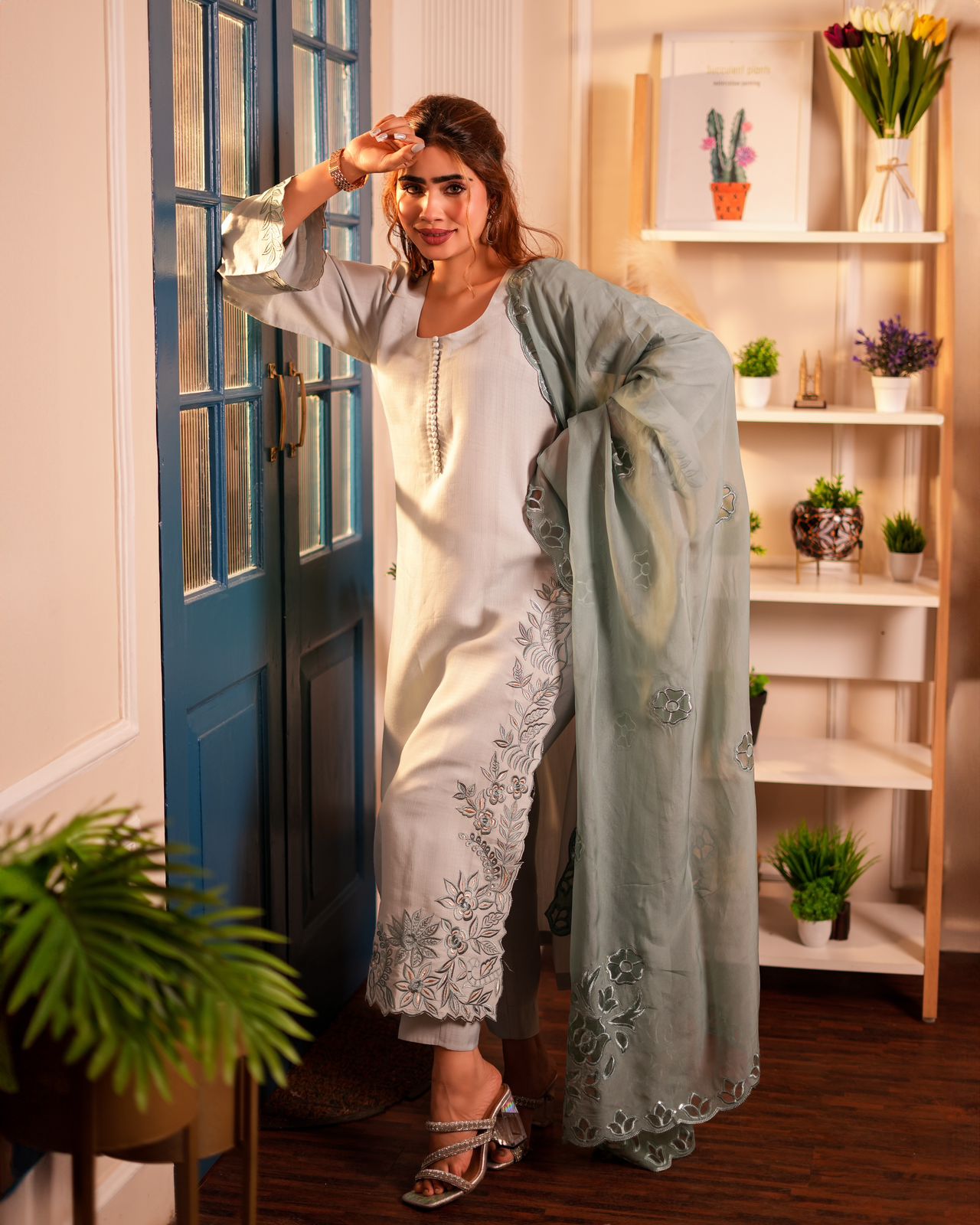 Sea green color Cut work Embroidery Heavy cut work duptta suit