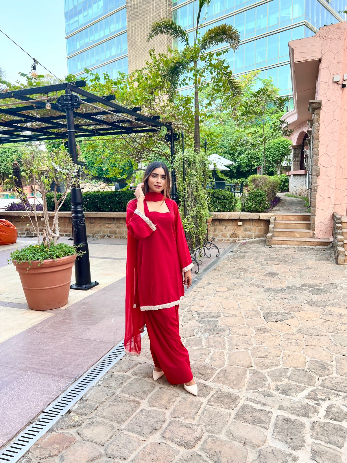 RED SHORT KURTA FARSI SALWAR SUIT