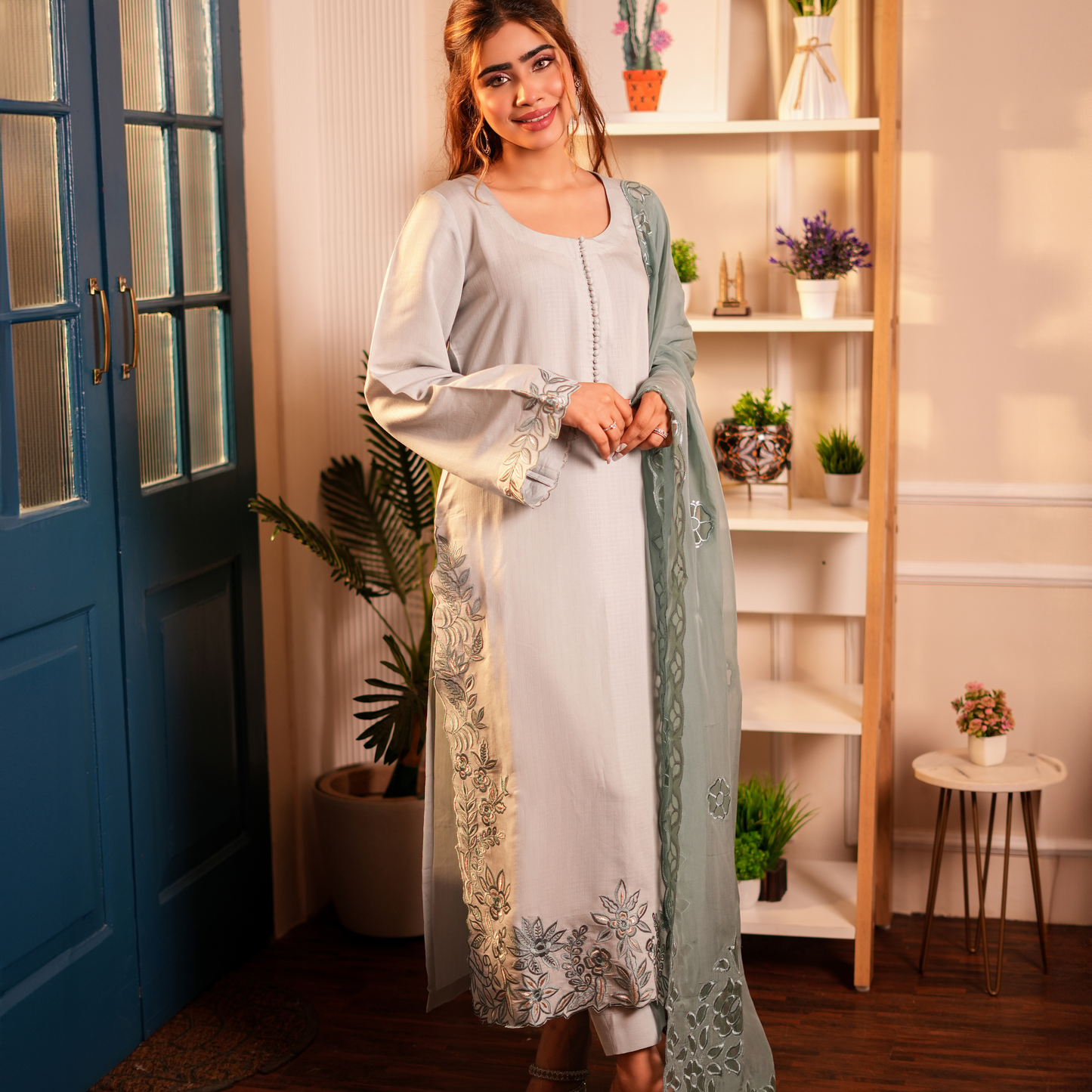 Sea green color Cut work Embroidery  Heavy cut work duptta Pakistani suit