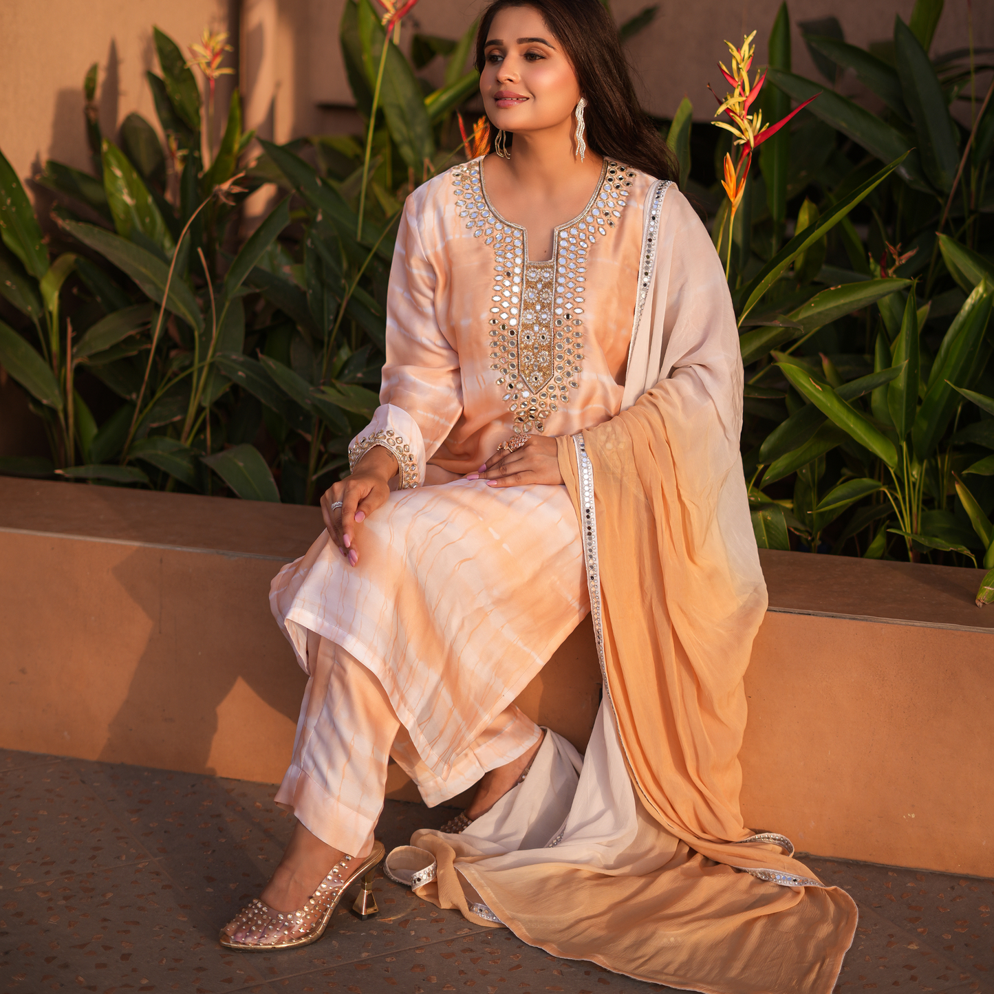 Mustard white  Mirror work  Pakistani suit