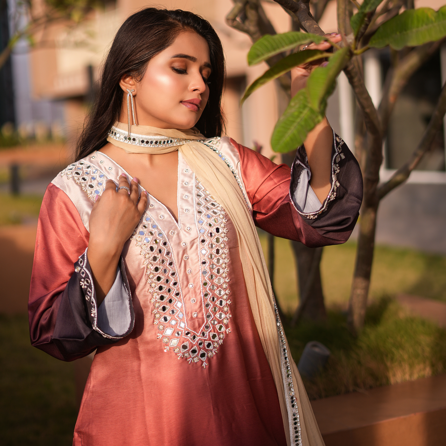 A luxurious coffee brown double-shade Pakistani suit by SLC