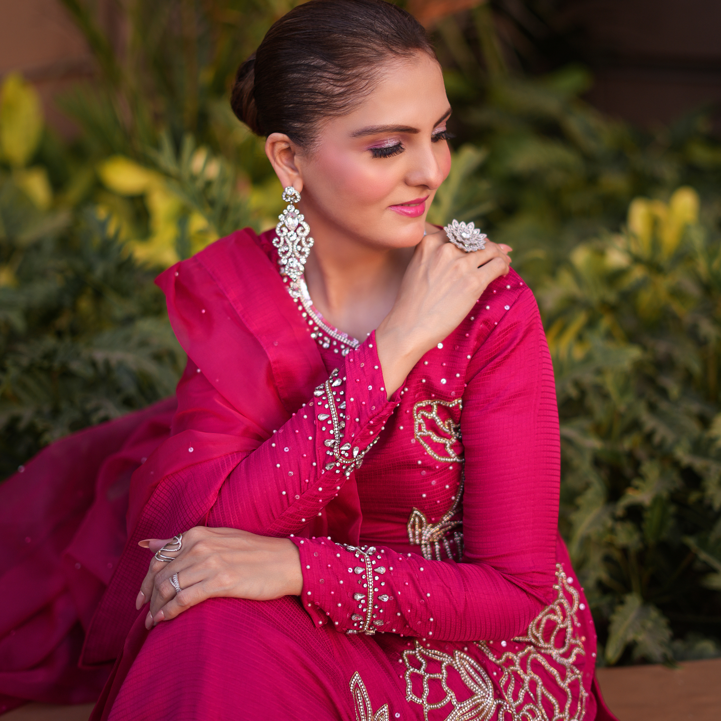 Hot pink colour  Full stone work  Pakistani suit