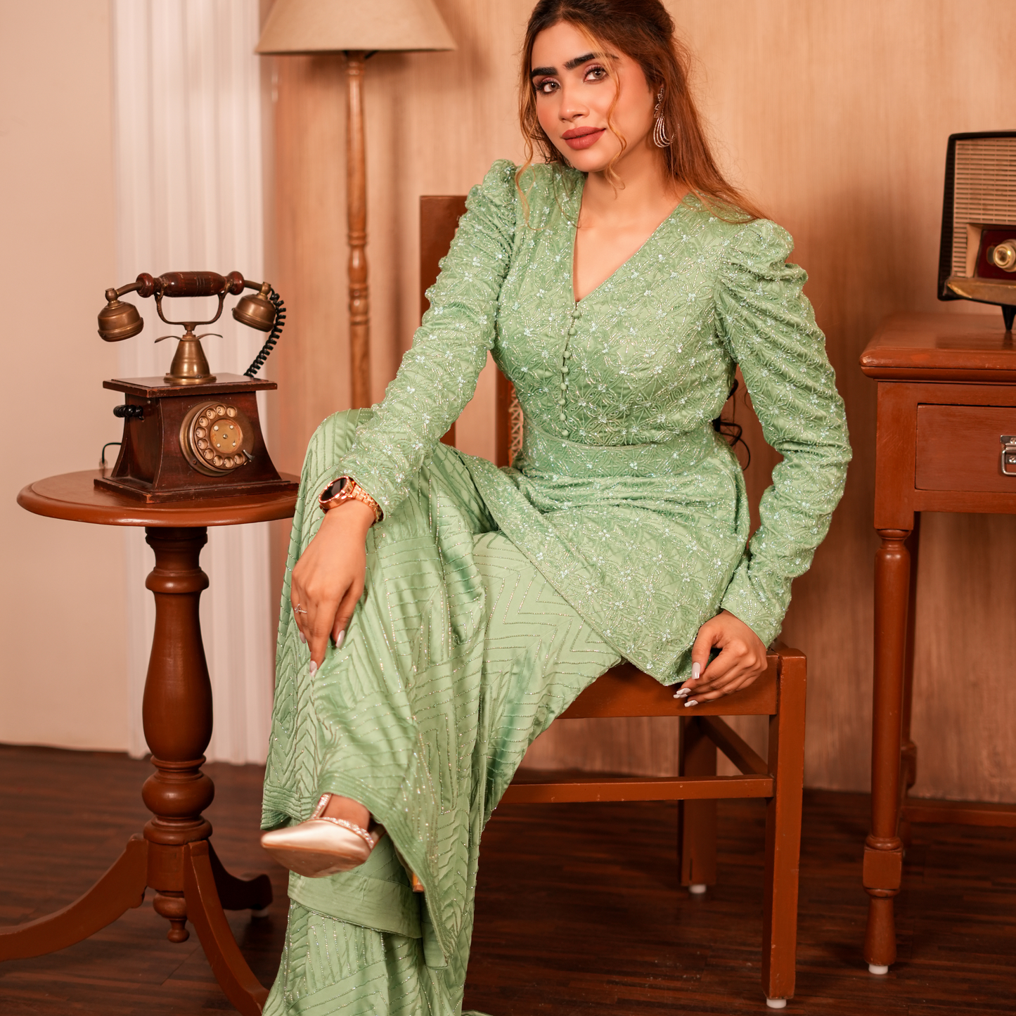 Pista Green color Full Handwork Pakistani suit