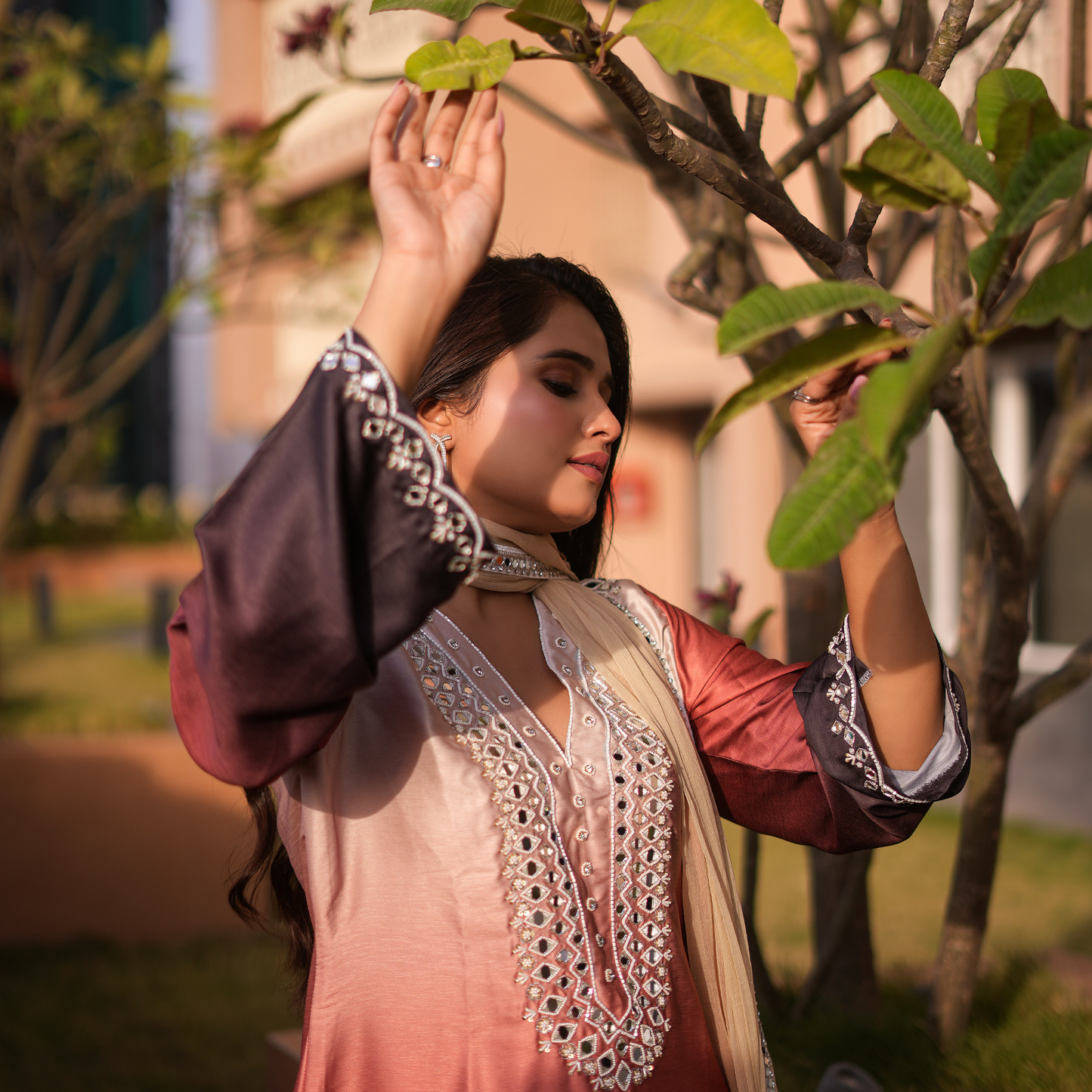 A luxurious coffee brown double-shade Pakistani suit by SLC