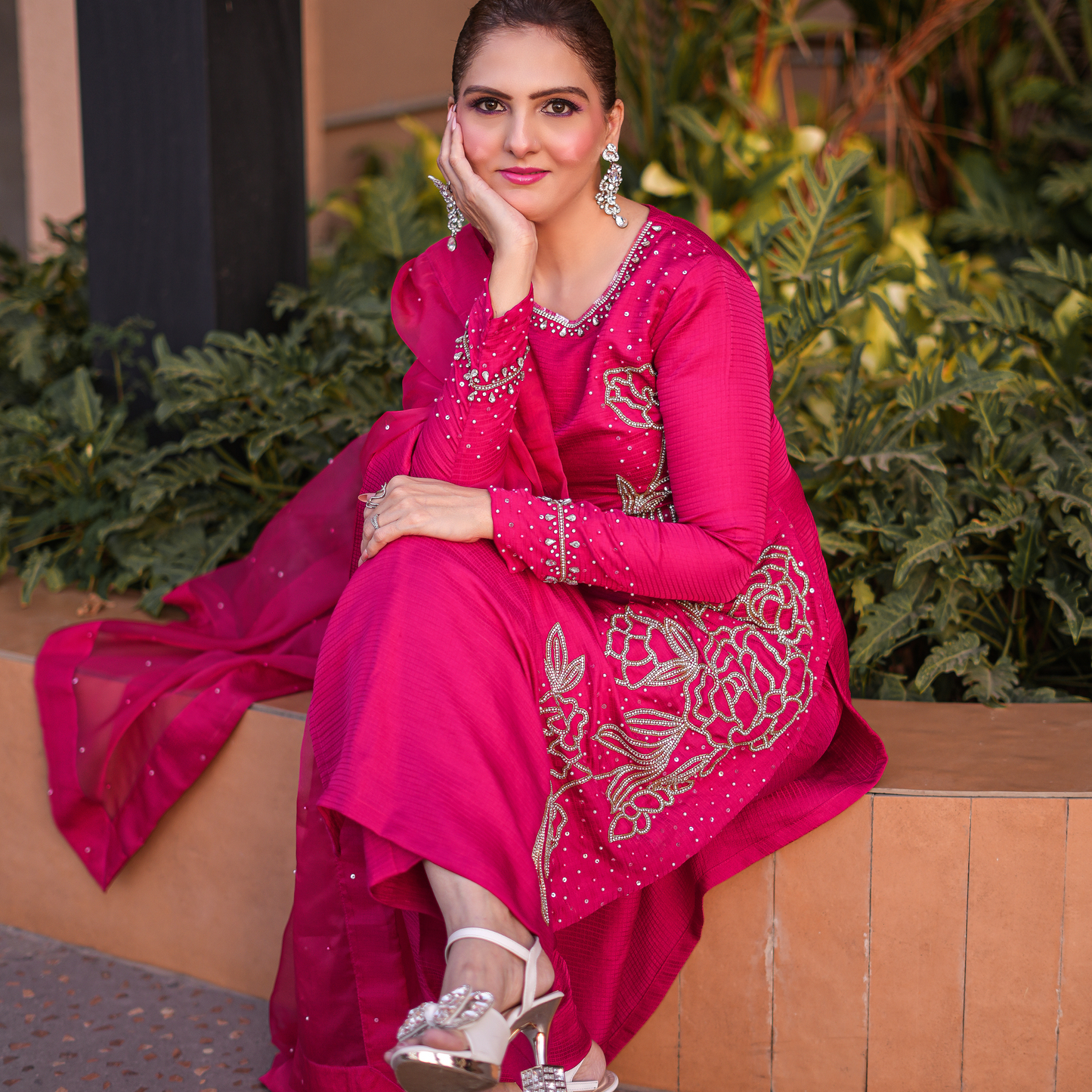 Hot pink colour  Full stone work  Pakistani suit