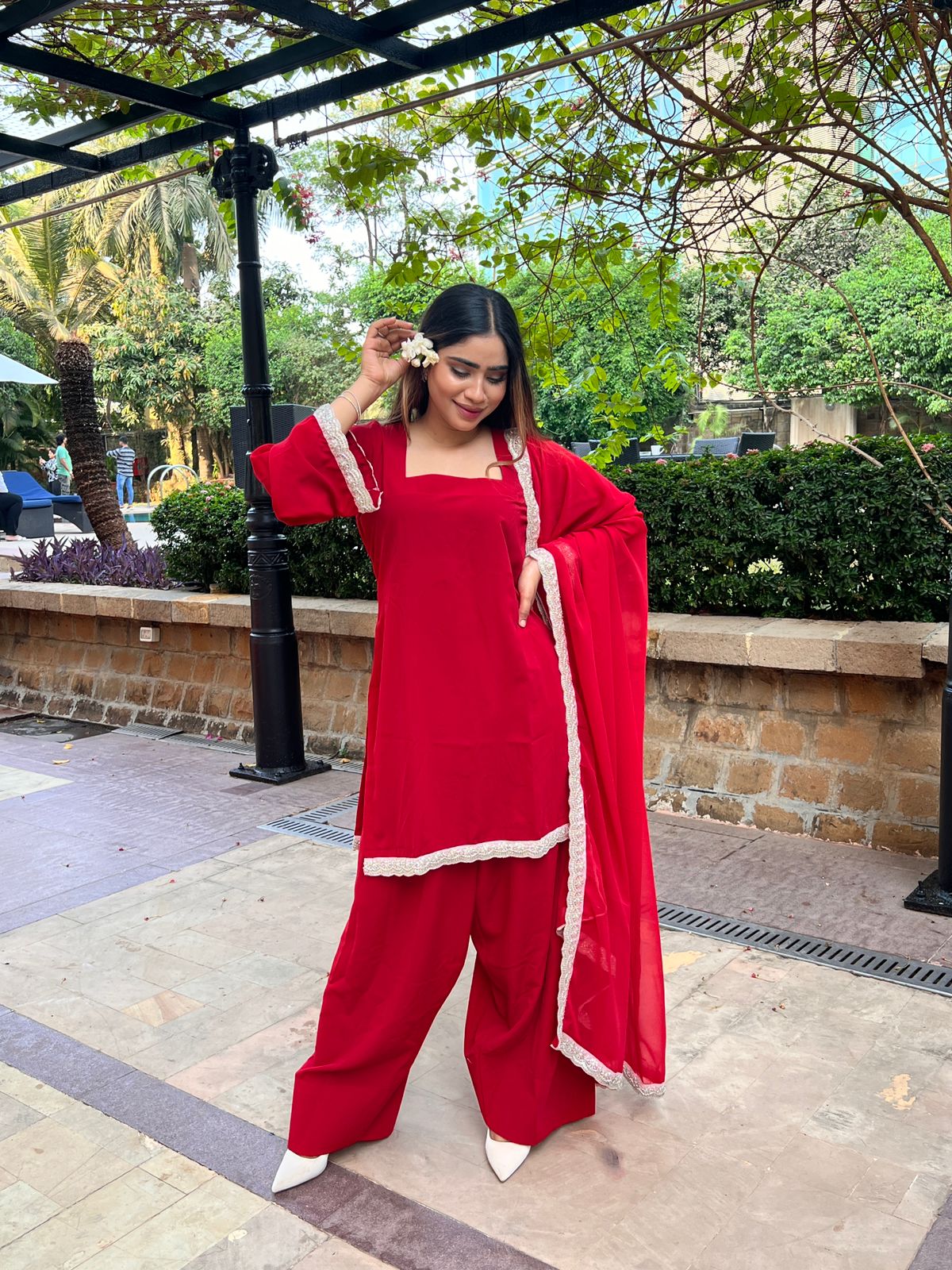 RED SHORT KURTA FARSI SALWAR SUIT